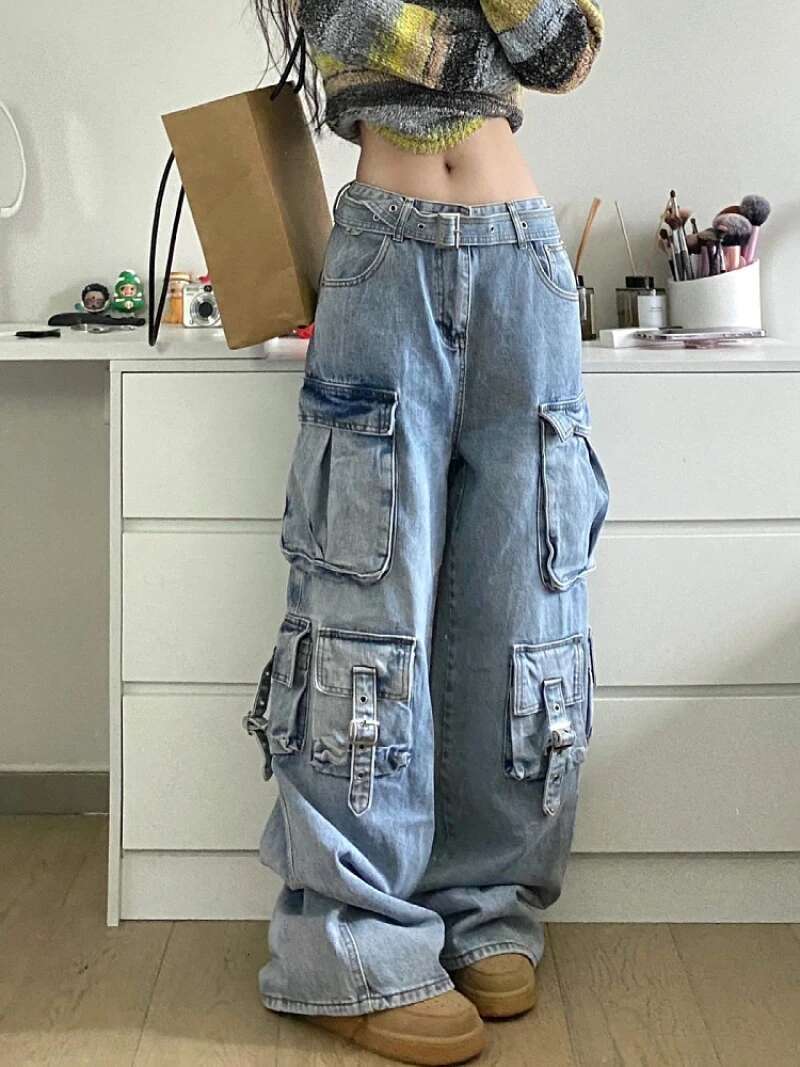 Autumn Winter New Ladies American Street Style Baggy Cargo Pants Blue Multi-Pocket Wide Leg Jeans For Women
