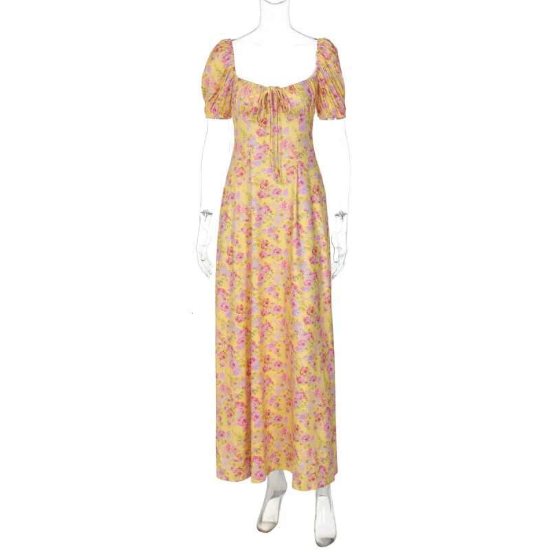 Dongdumaoyi Nieuwe Lente Sexy Vierkante Hals Pofmouwen Bloemen Tie Taille Jurk C