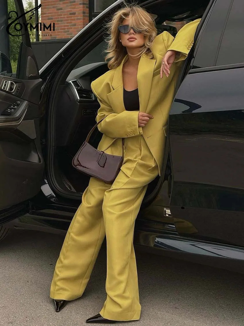 Oymimi Elegant Yellow Set Womens 2piece Fashion Long Sleeve Pocket Single Button Jacket and Simple Straight Trouser 250326