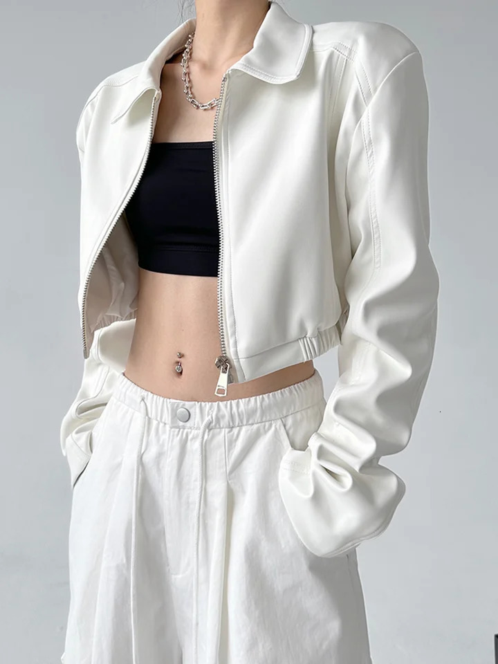Jacket PU Leather Womens Black Collar Long Sleeve Crop Coat American Retro Street Clothing Zipper Fashion Casual Womens Clothing 250322