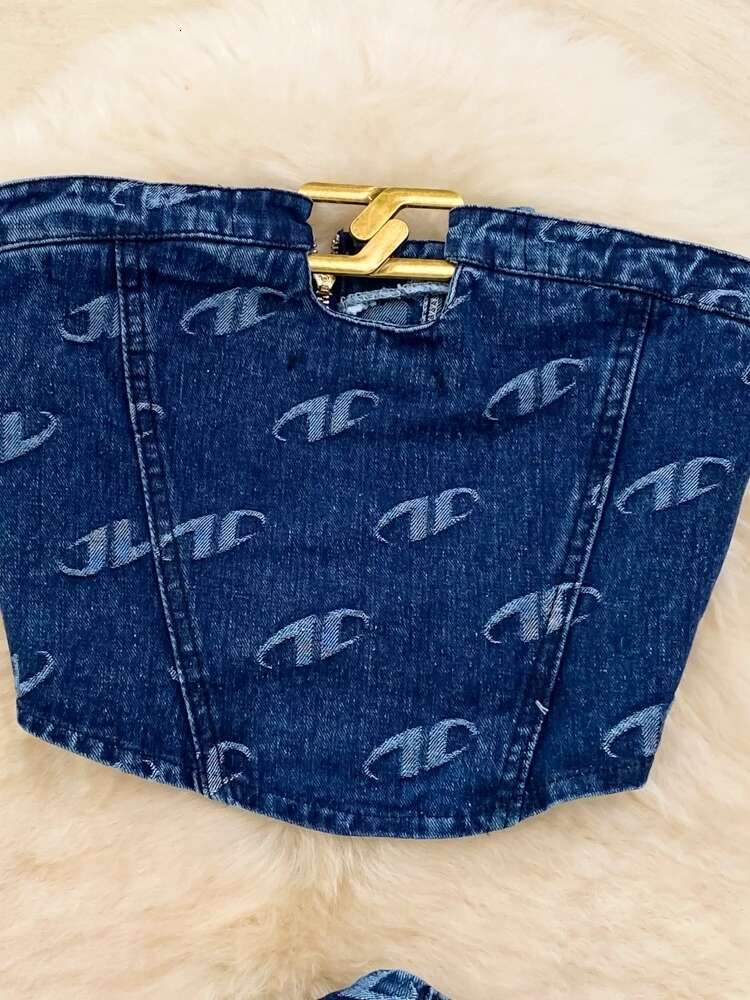 Fashion Women's Retro American Style Bra Denim Tank Top Two Piece Casual High Waist Slim Straight Trouser Set