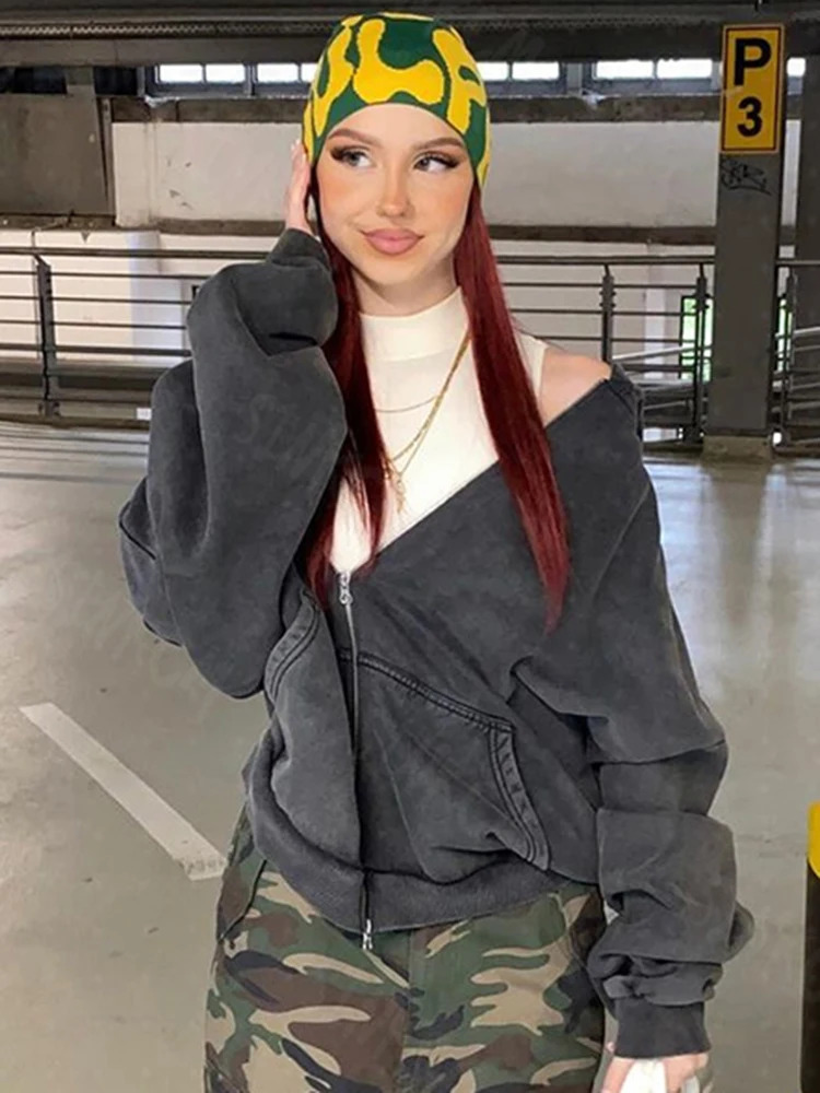 Fashionable retro clothing washed old zipper long sleeved hoodies oversized sweatshirts spring and autumn streetwear 250326