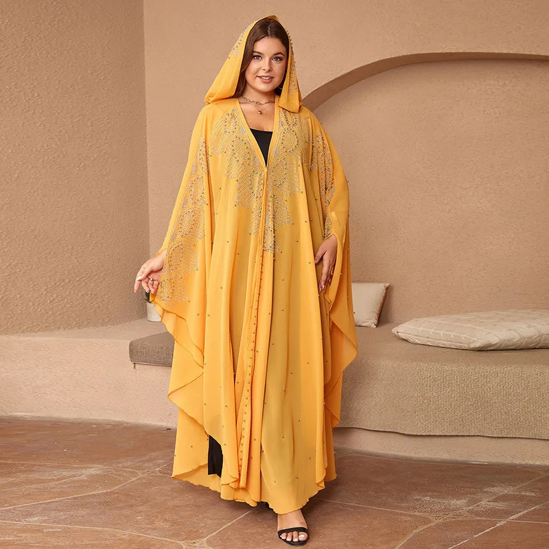 Plus size womens Muslim long sleeved Vneck polyester black yellow and white skirt Dubai Abaya Kaftan dress 250326