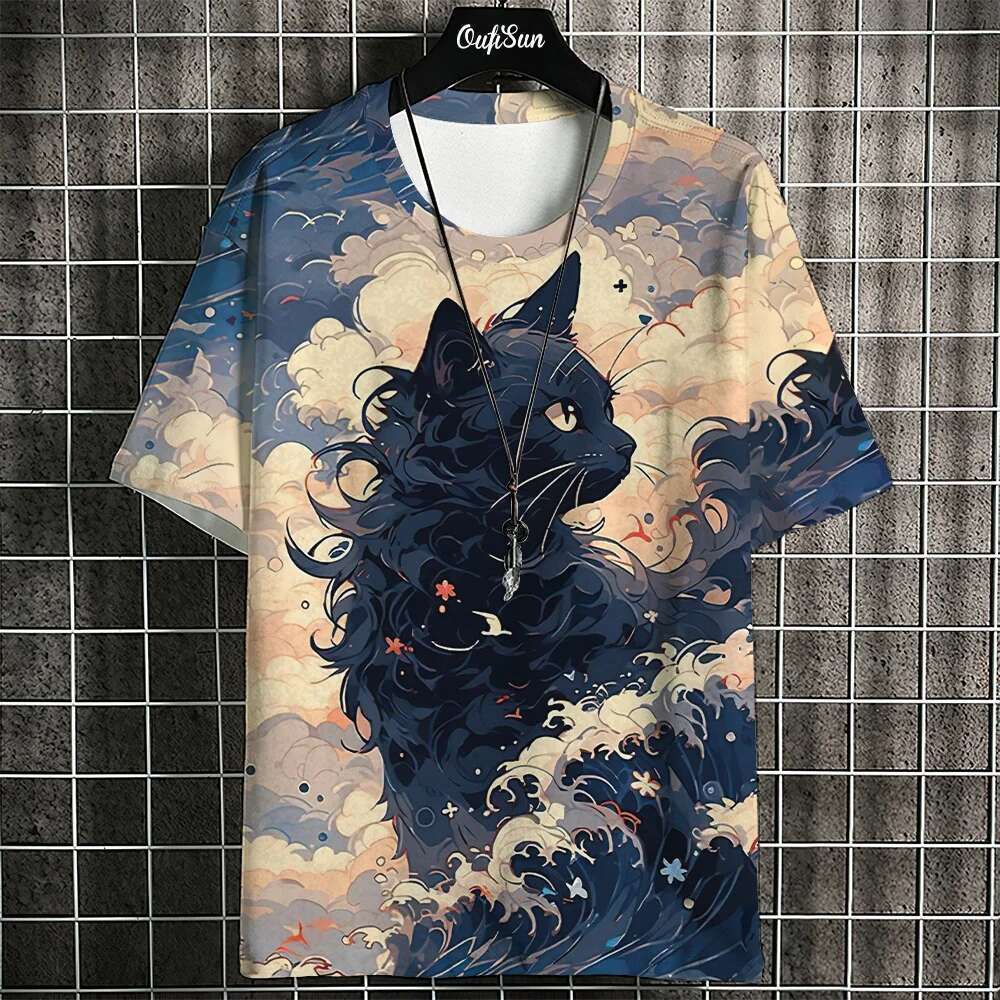 Samurai cat men s T shirt summer fashion Japanese short sleeved oversized street clothing casual sportswear top
