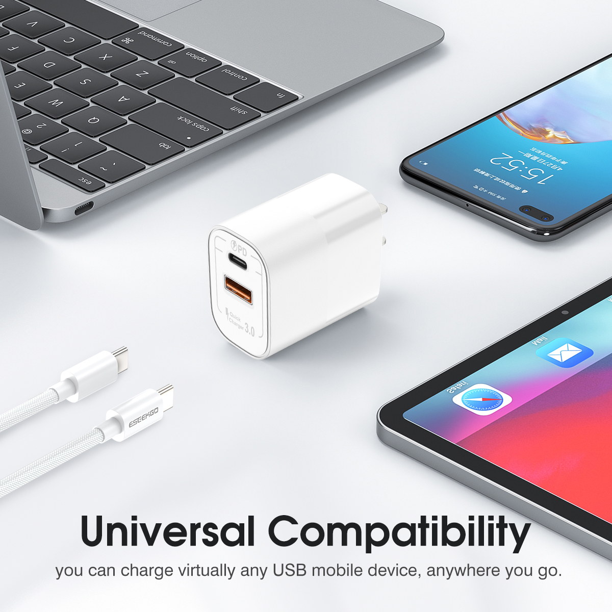 USA STOCK ESEEKGO T-32UC 20W Travel Adapter (USB A+C) US Standard With 4FT Type-C To Type-C Fast Charging Cable With Retail Package ship in 2 days