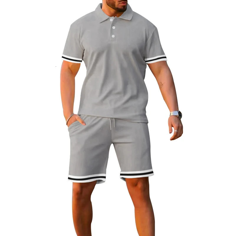 Summer mens sportswear with lapel buttons striped patches work short sleeved polo shirts and shorts casual plus clothing 250326