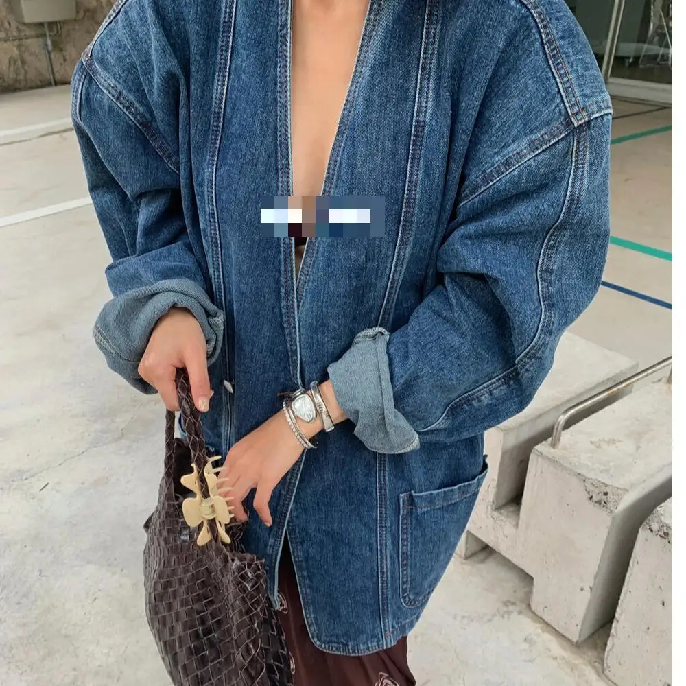 Get Spring Womens Denim Jacket SpringSummer Retro Double Chest Shoulder Pads Vneck Loose Casual Long Blue 250326