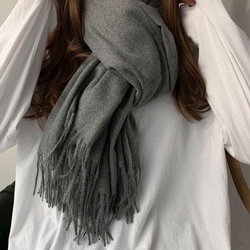 K241 Cashmere wool feel scarf women solid color tassel long warm imitation cashmere scarf versatile Korean style thick neck scarf