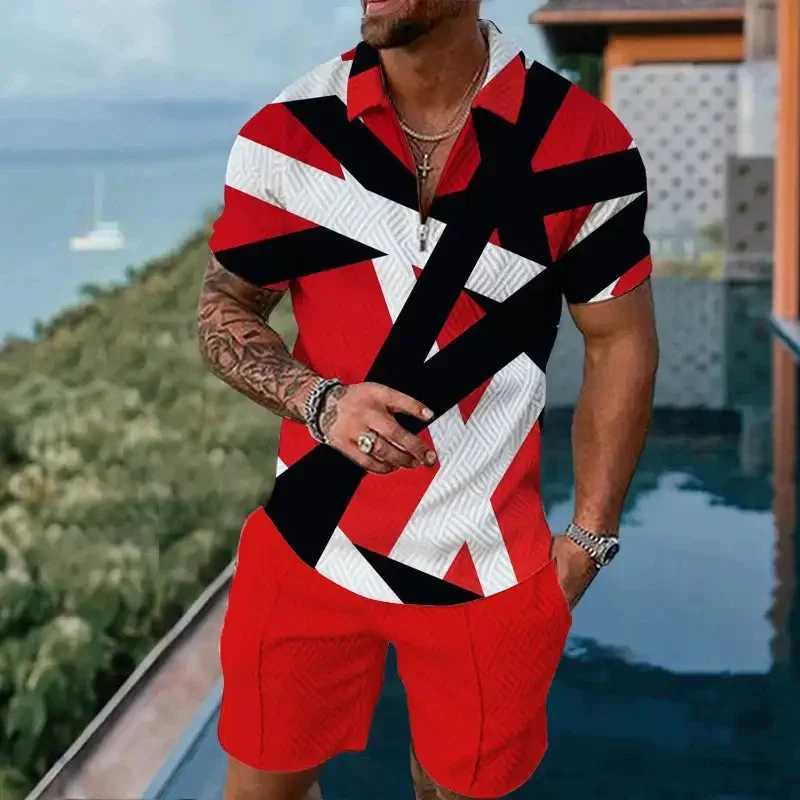 Mens Zipper Polo Set 2-piece Flip Collar Retro Casual Stripe 3D Printed Shorts Hawaii Summer Holiday Style ClothingXJ250326