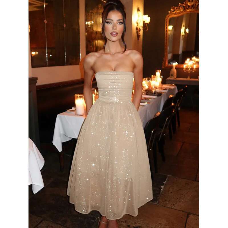 Dongdumaoyi Lente Elegante Zoete Pittige Effen Kleur Sexy Bustier Off Shoulder Pailletten Dubbellaags Damesjurk C