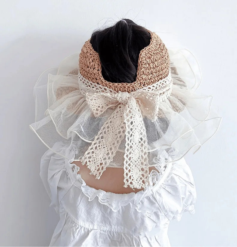 Korea Baby Girls Lace Straw Hat Cute Bow Princess Children Panama Caps Sun Protection Caps Kids Visor Hat Child Beach Cap 250326