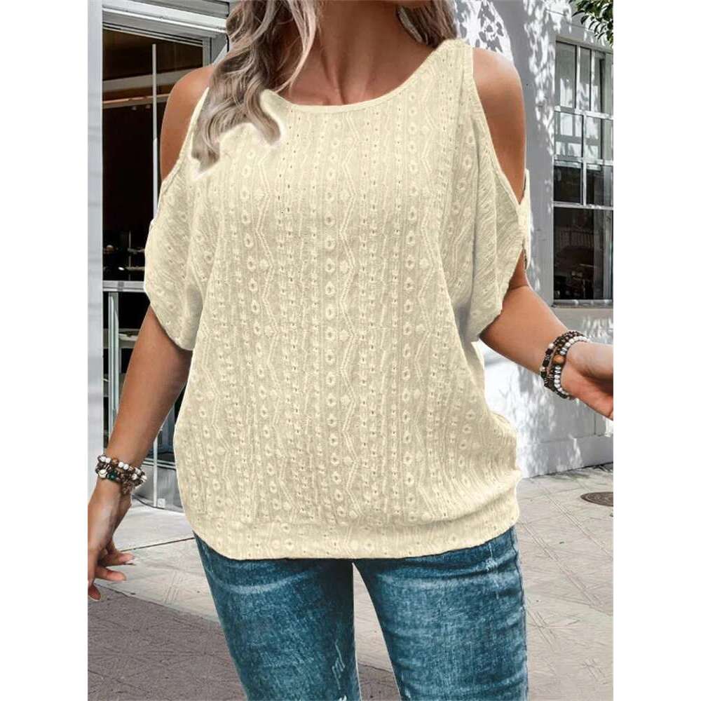 Large hole jacquard strapless T-shirt, casual short sleeved shirt, plus size, women's clothing, spring and summer