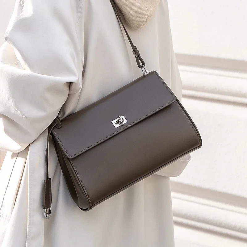 Simple Glossy Cowhide Leather Women Crossbody Black Commuting Versatile Handbag Long High-Quality Single Shoulder Armpit Bag