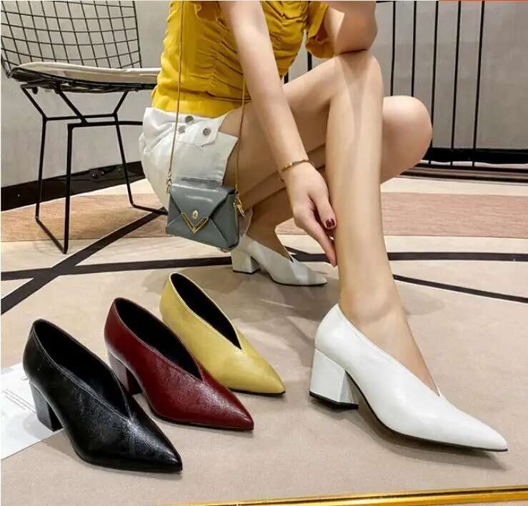 XGRAVITY Brand Dress Elegant Chunky High Heeeled Pumps Sexy Pointed Toe Evening Women V Cut Shoes