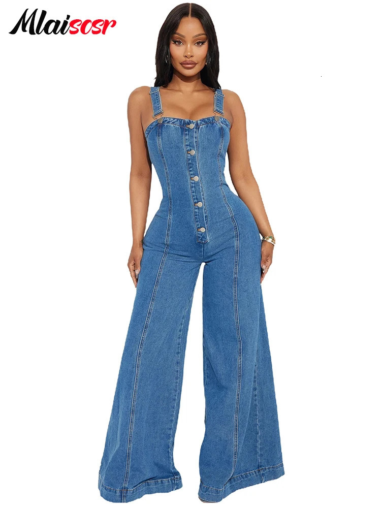 Mlaiscr streetwear womens jeans jumpsuit sleeveless button up wide leg pants denim one piece set 250326