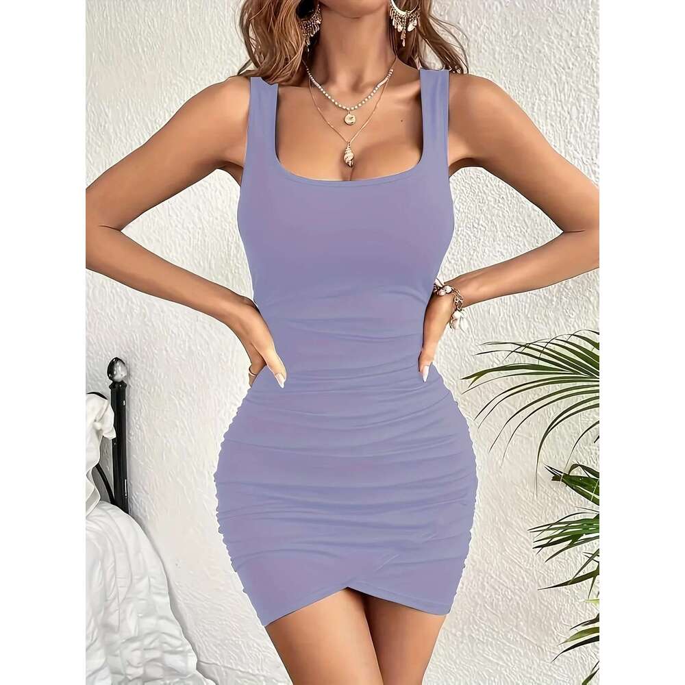 Tulip Ruffled Solid Color Side Hem Tight Sleeveless Square Neck Party Dress, Women's Clothing Dress,