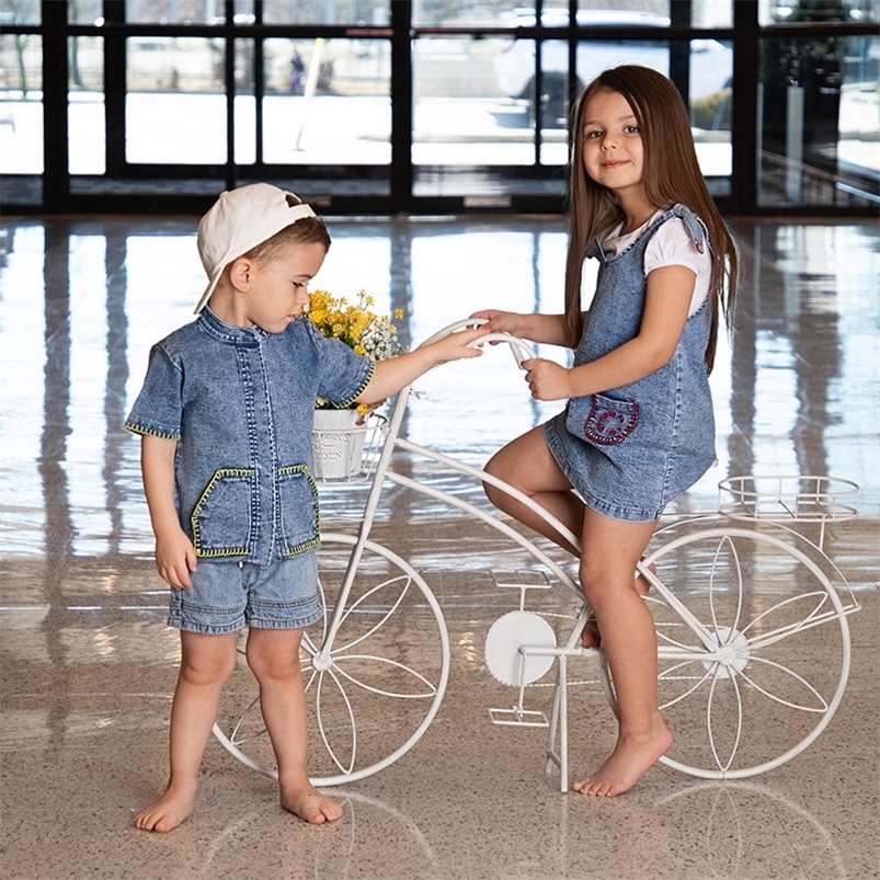 Summer denim collection girls dress set cute baby rompers boys casual shirt girls skirt family clothing set contrast pockets 250326