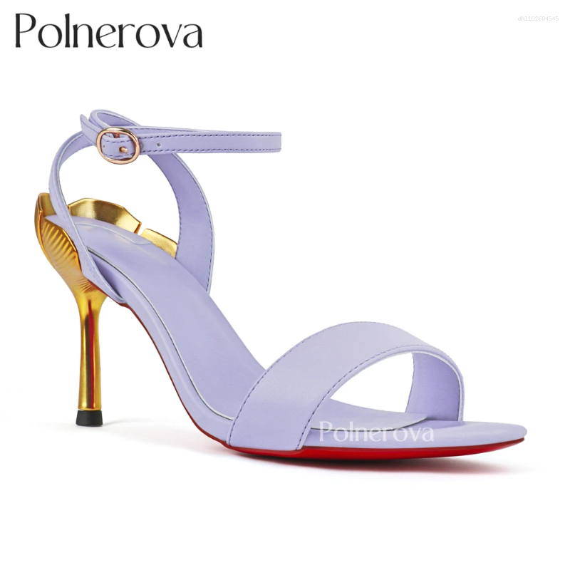 Sandals Metallic Gold Ginkgo Leaf Heel Ankle Strap Open Toe Stilettos Luxury Designer Style Summer Heels Round Women