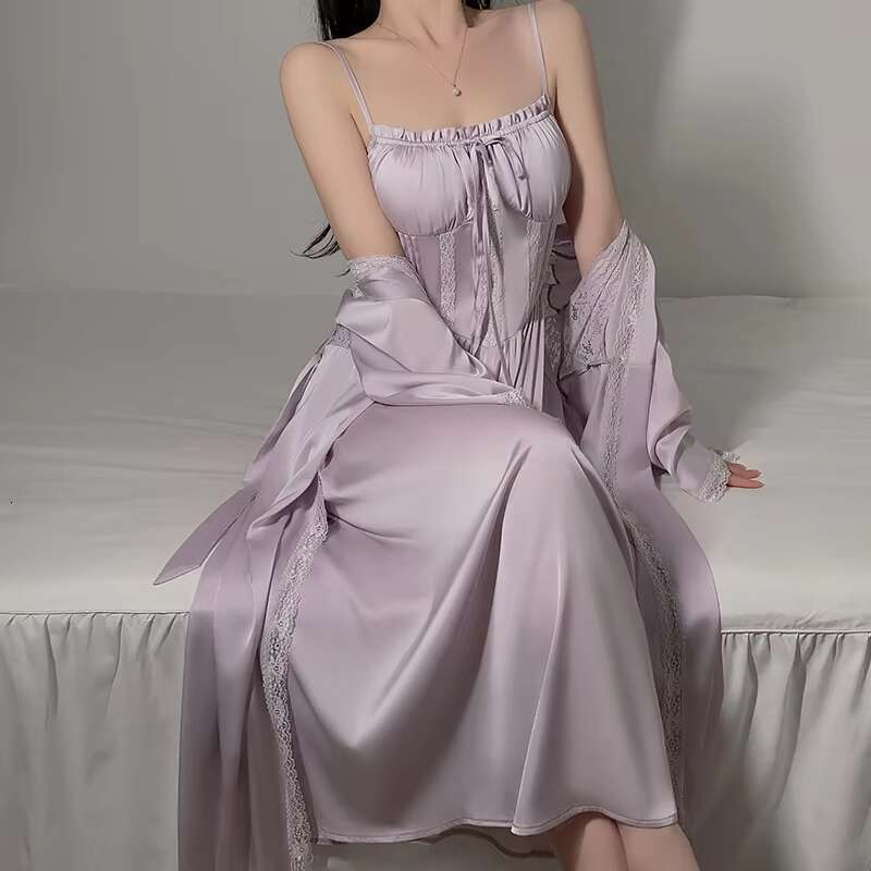 Wholesale Small Size Pure Satin Sheer Lace Robe Deep V Slip Silk Sexy Pamas Nightgown Sleepwear Nightdress For Women Set