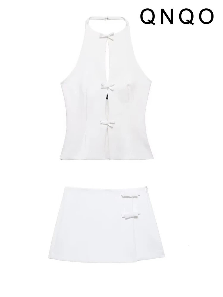 QNQO Pink Skiing Set Womens Summer Sleeve Bow Sexy Tank Top Solid Mini ALine Two Piece 250326