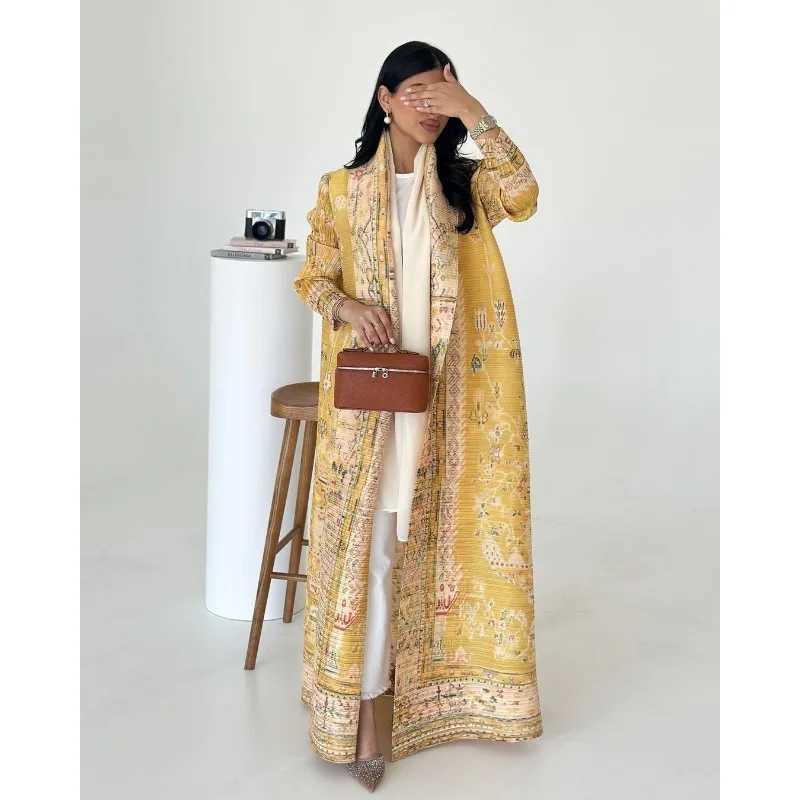 Womens Abaya Retro Printed Design Flip Collar Long Open Large Bow Tie Arab Womens Luxury Abaya 2025 X250327