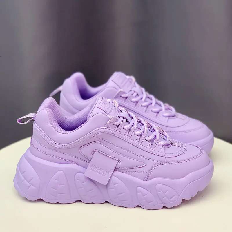Chunky Sneakers Women Purple Platform Thick Bottom Leather Lace Up White Spring Casual Shoes