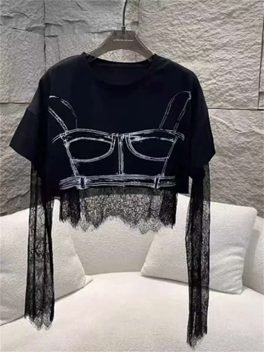 Summer New Collection Short Sleeve Hand-Painted Cartoon Top Lace T Shirt Women Two Piece Set Gr060