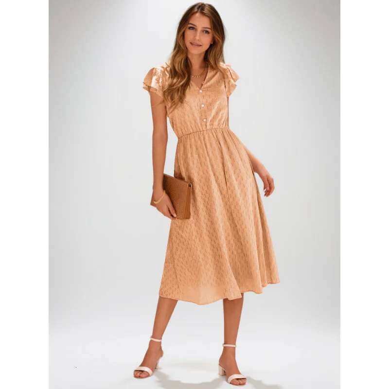 Dongdumaoyi Lente Zomer Nieuwe Collectie Casual Effen Kleur V Hals Tailleafgevende Jurk Frisse En Stijlvolle Damesmodejurk