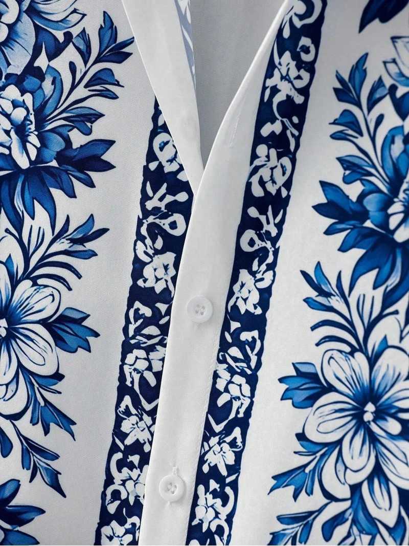 Outdoor casual mens celadon floral design printed pattern short sleeved lapel shirt and shorts mens fashion trend two-piece setXJ250326