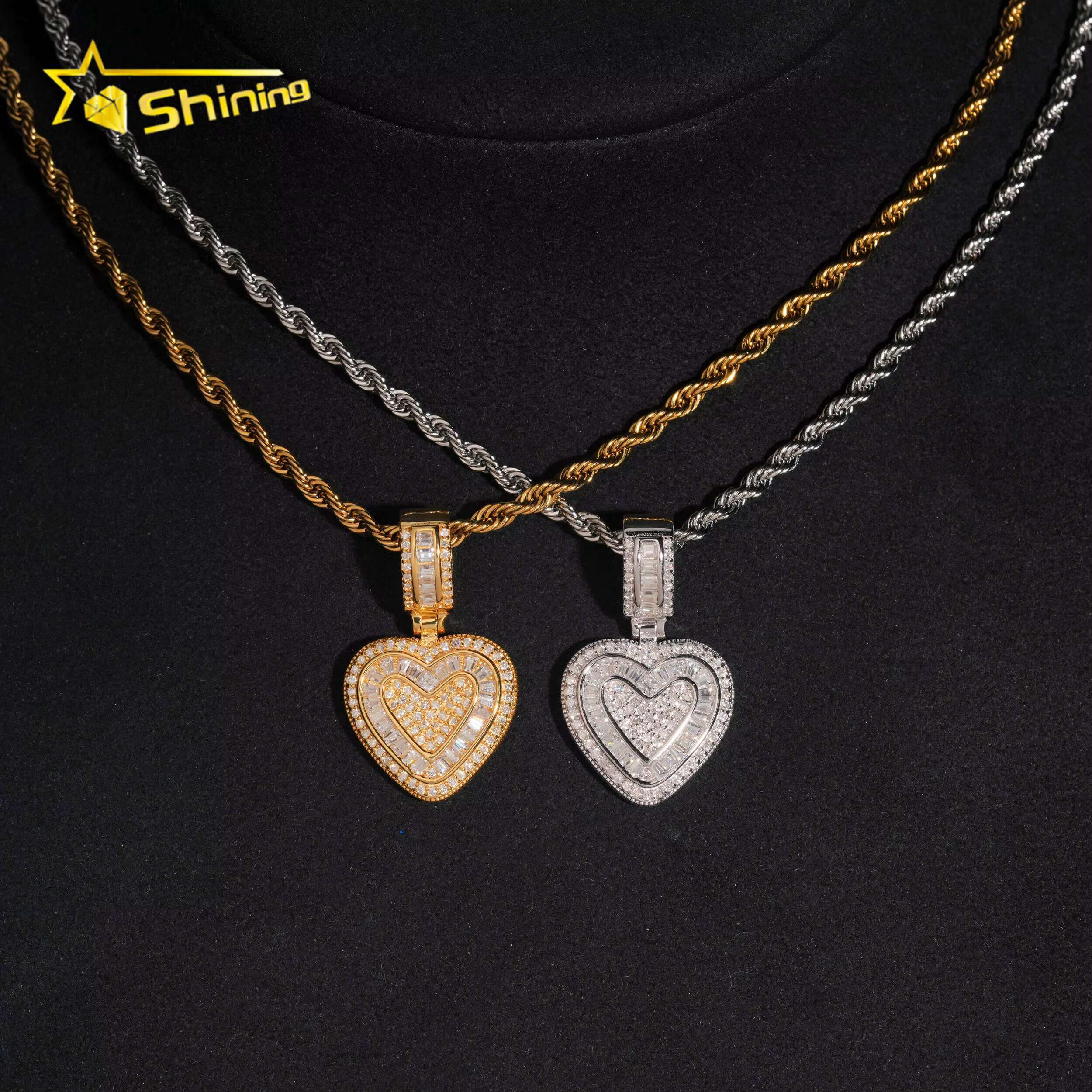 Baguette Mossanite Pendant 925 Sterling Silver VVS Moissanite Iced Out Diamond Heart Pendant Fine Jewelry Ready to Ship