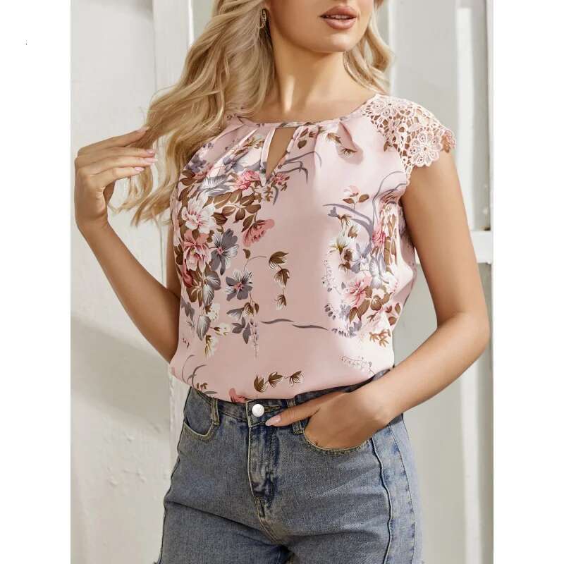 Dongdumaoyi Dames Zomer Nieuwe Kanten Mouw Patchwork Print Shirt Cap Top A