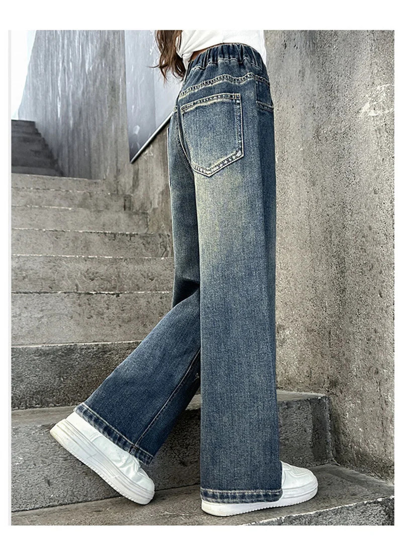 Girls Bow Jeans Spring Childrens Elastic Straight Autumn Youth Printed Wide Leg Trouser Fashion Pants 250325