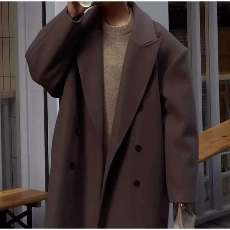 Women's Coat Lapel Women Long Coats Casual Straight Overcoat Double-Breasted Office Ladies Coat Autumn Winter Vintage Streetwear Outwear