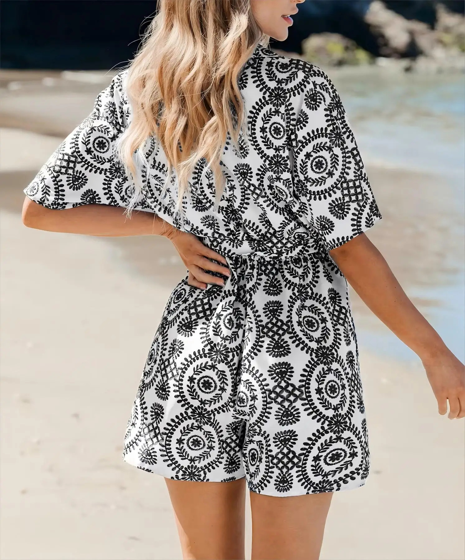Printed button style short sleeved jumpsuit stylish and comfortable suitable for daily wear casual occasions all 250326