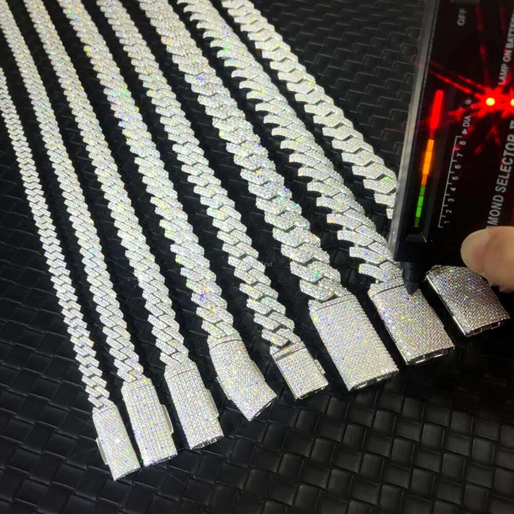 pass tester fashion gra moissanite dia 10mm-12mm wide 2rows solid sier cuban k chain for rapper hip hop necklace bracelet gift accessories