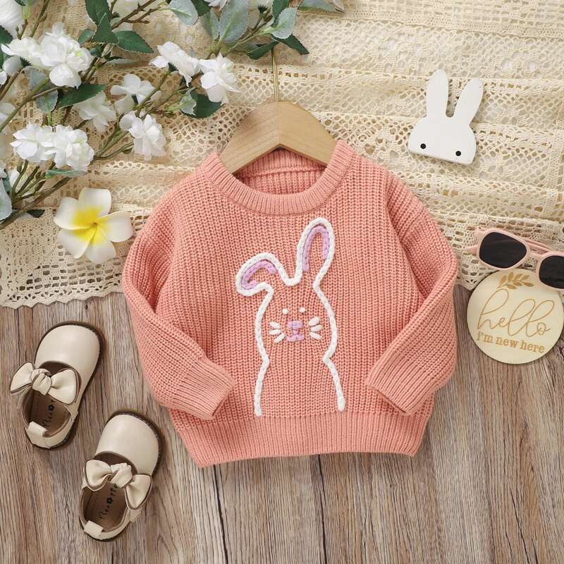 Ddmyshoesvip Adorable Infant Easter Jumper With Cute Bunny Design Soft Long Sleeve Crew Neck Knit Pullover For Baby Boy Or Girl