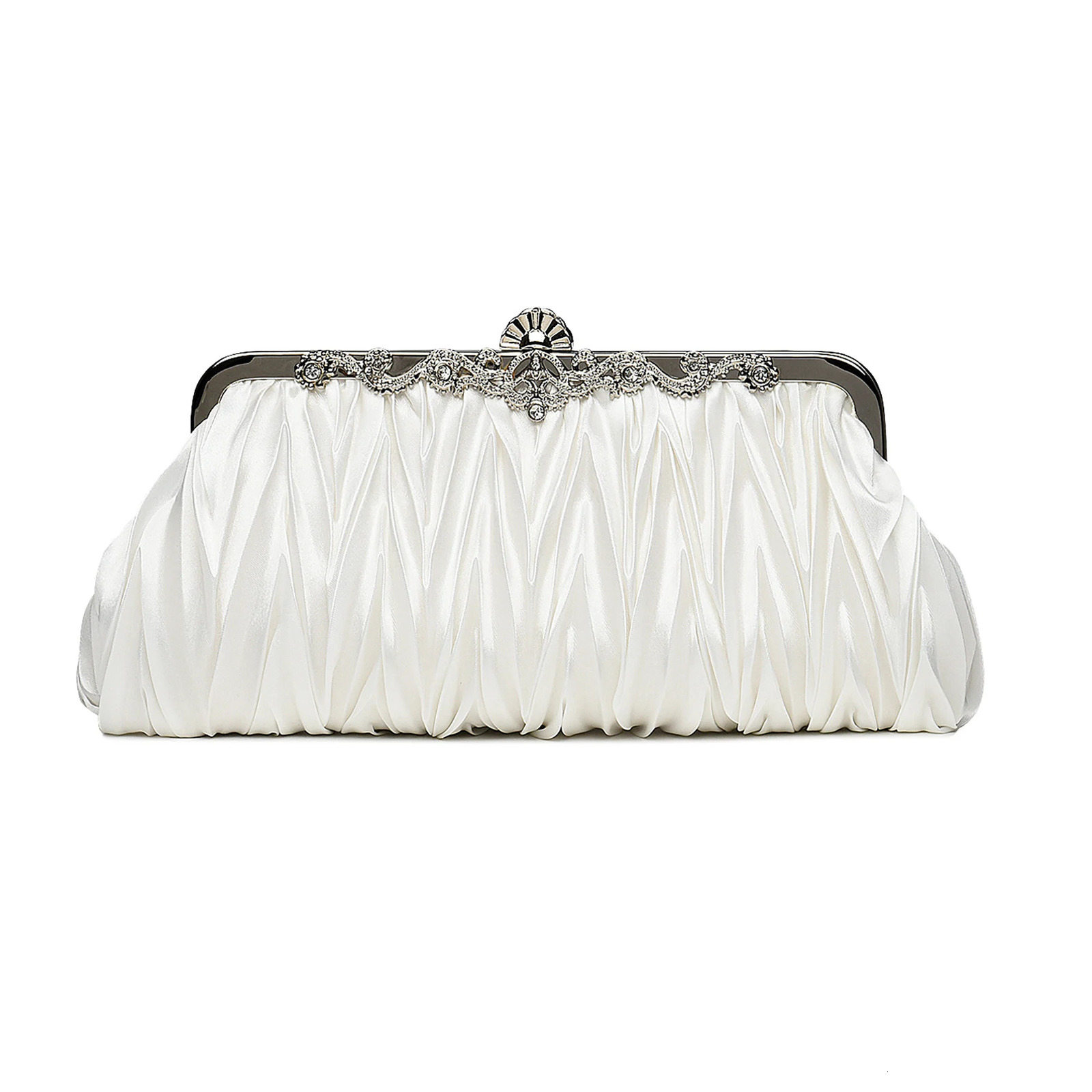 Elegant solid color satin pleated clip sparkling diamond womens clutch bag evening bridal 250326