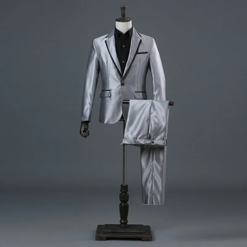 Paneled Suit 2piece mens singer host stage performance jacket pants black white gold and silver portrait dress set 250326
