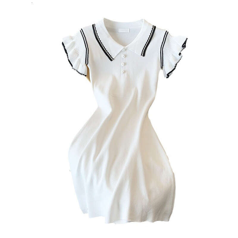 Preppy Short Women Style Buttons Sleeved Knit Contrast Color Stripes Turn-down Collar Summer Mid-Length Casual Dress