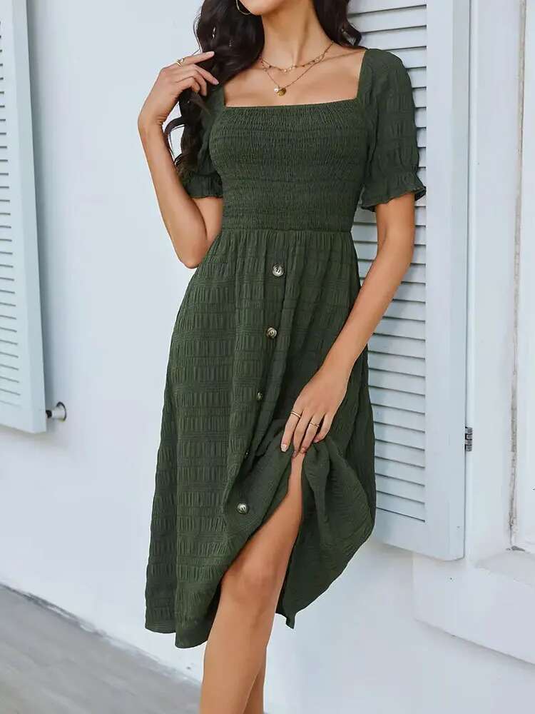 Dongdumaoyi Lente Zomer Elegante Korte Mouwen Knoopversierde Geplooide A Lijn Maxi Jurk Met Pofmouwen Model A