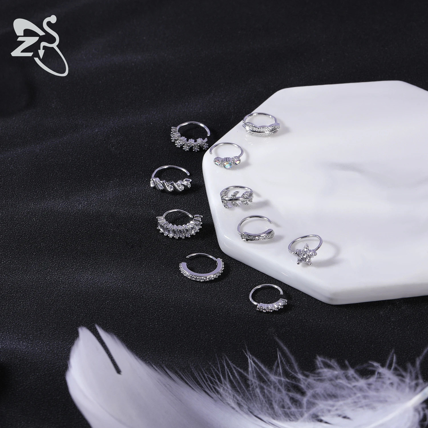 ZS 1 Set CZ Crystal Pendant Nose Ring For Women Girls Heart Flower Drop Nostril Piercings Ear Cartilage Helix Piercing Jewelry 250327