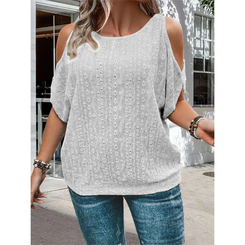 Large hole jacquard strapless T-shirt, casual short sleeved shirt, plus size, women's clothing, spring and summer