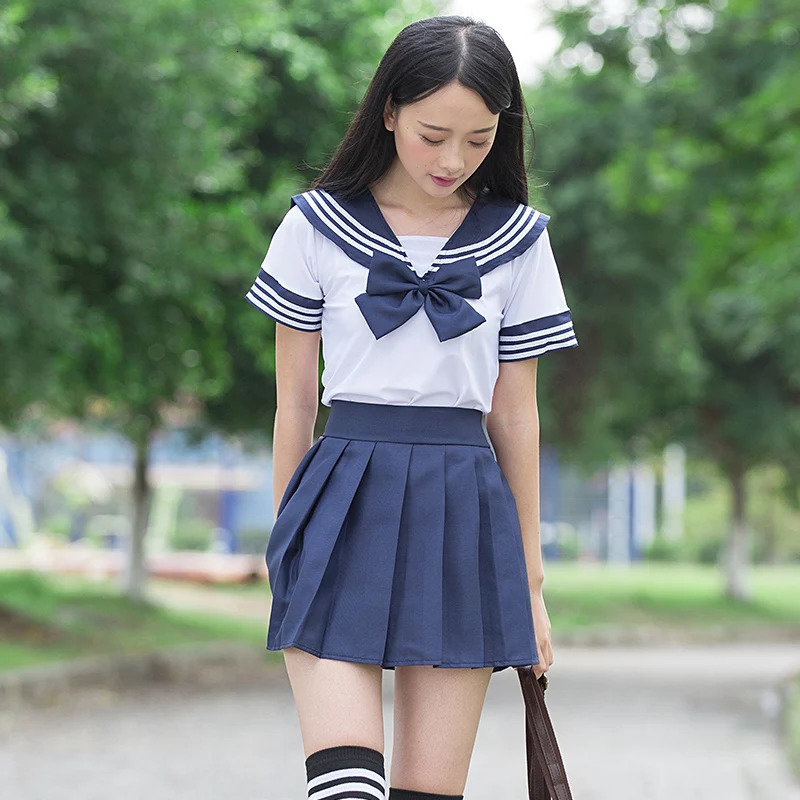 Sailor Set School Uniform JK Girls White Shirt and Deep Blue Tight Student Role Play 250326