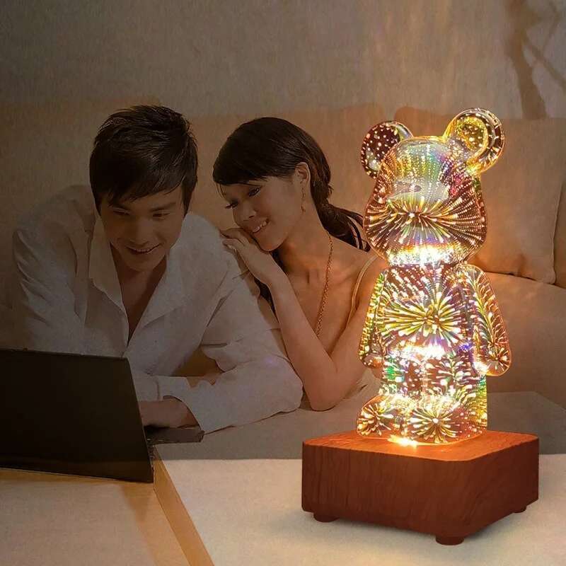 Aesthetic Fireworks LED 3D Animal Statue Glass Bear Sculpture Projector Lamp Figurine Accessories