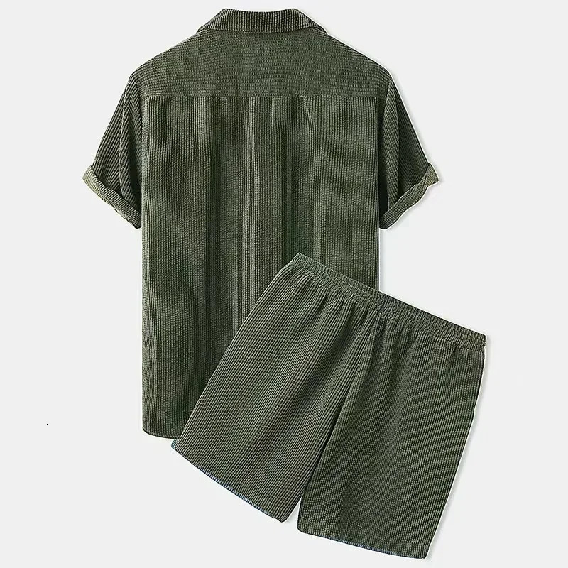 Spring and summer solid mens Corduroy set short sleeved button up shirt twopiece casual streetwear 250326