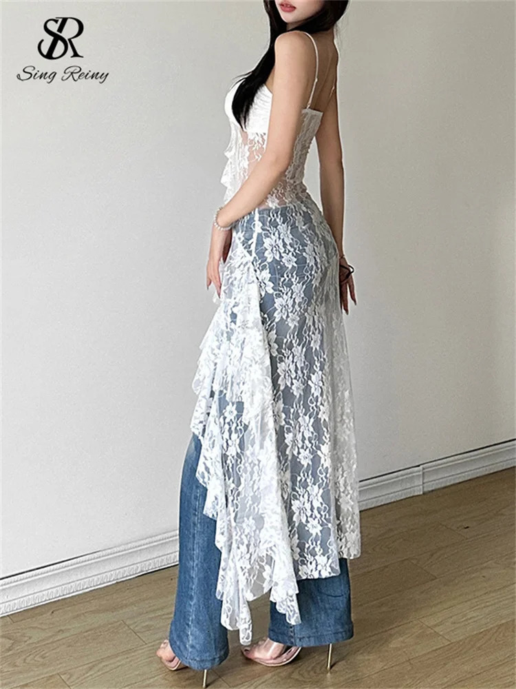 Singreiny Womens Lace Irregular Long Dress Camis Sheath Sensual Sheer Fashion Street Clothing Hollow Ruffle Sexy 250324