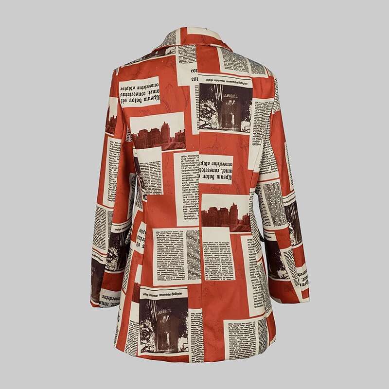 Modigirl Autumn Winter Coat Jackets For Women Newspaper Print Pattern Notched Collar Streetwear Female Long Blazer Outerwear