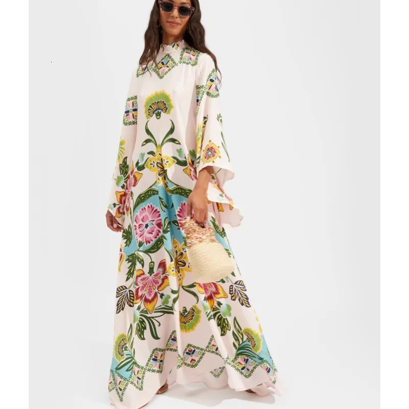 Stand Collar Elegant Lady Printing Dress Casual High Waist Long Sleeve Party Dress Women Spring Summer Loose Streetwear Dress 250326