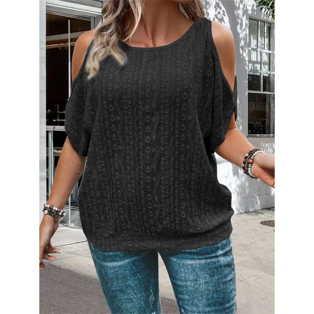 Large hole jacquard strapless T-shirt, casual short sleeved shirt, plus size, women's clothing, spring and summer