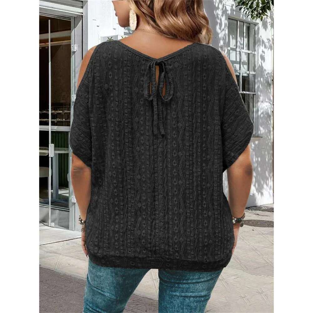 Large hole jacquard strapless T-shirt, casual short sleeved shirt, plus size, women's clothing, spring and summer